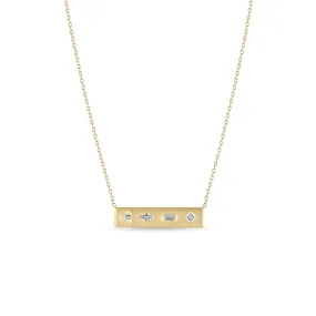 14k Diamond Mosaic Brushed Gold Horizontal Bar Necklace