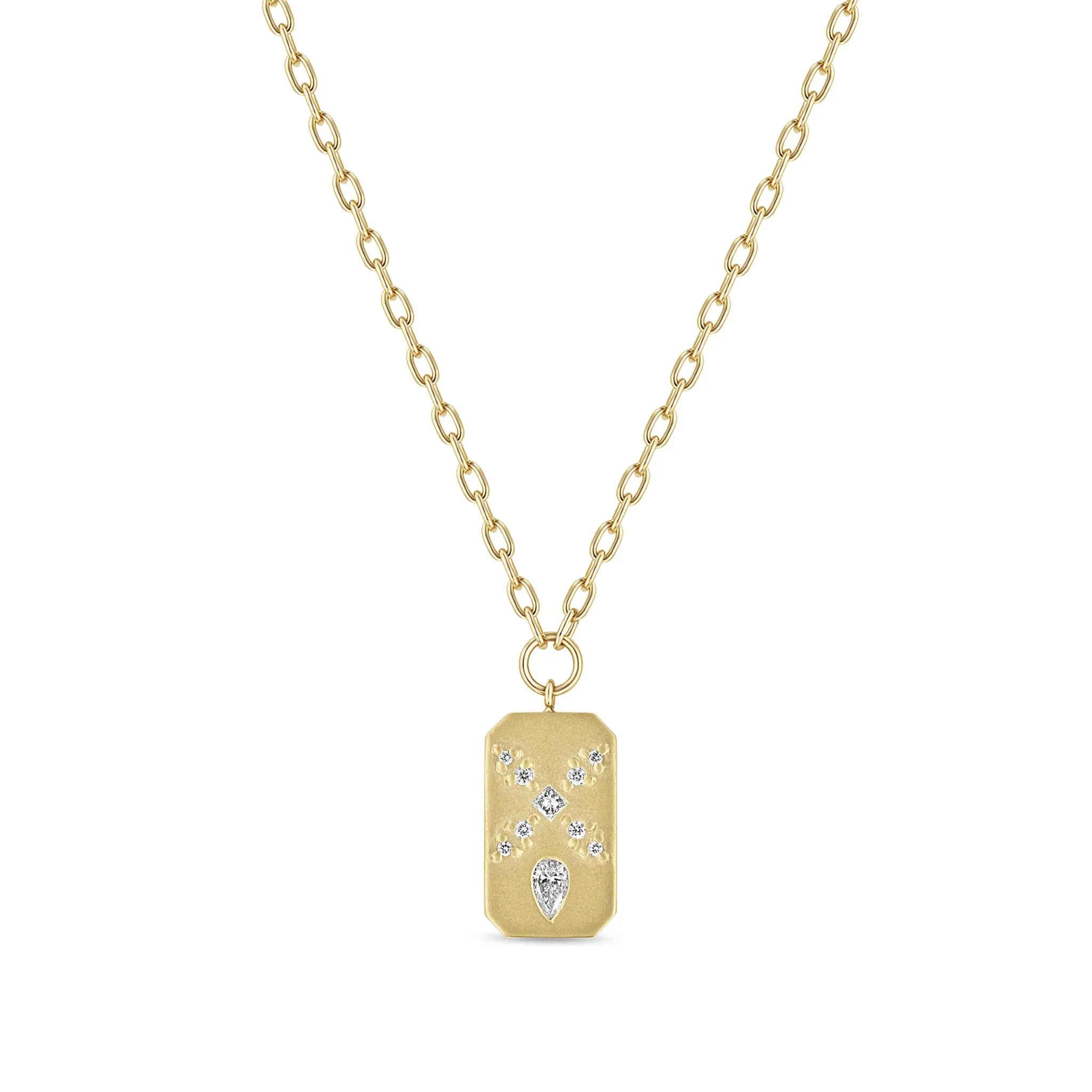 14k Diamond Mosaic Brushed Gold Vertical Dog Tag Square Oval Chain Necklace