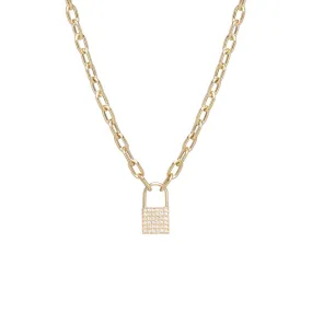 14k Medium Square Oval Link Pavé Diamond Padlock Necklace