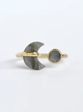 Adjustable Crescent and Round Double Stone Ring