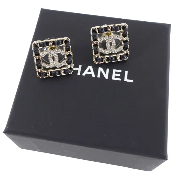 Chanel 21B Light Gold Square Leather Braid CC Crystal Earrings