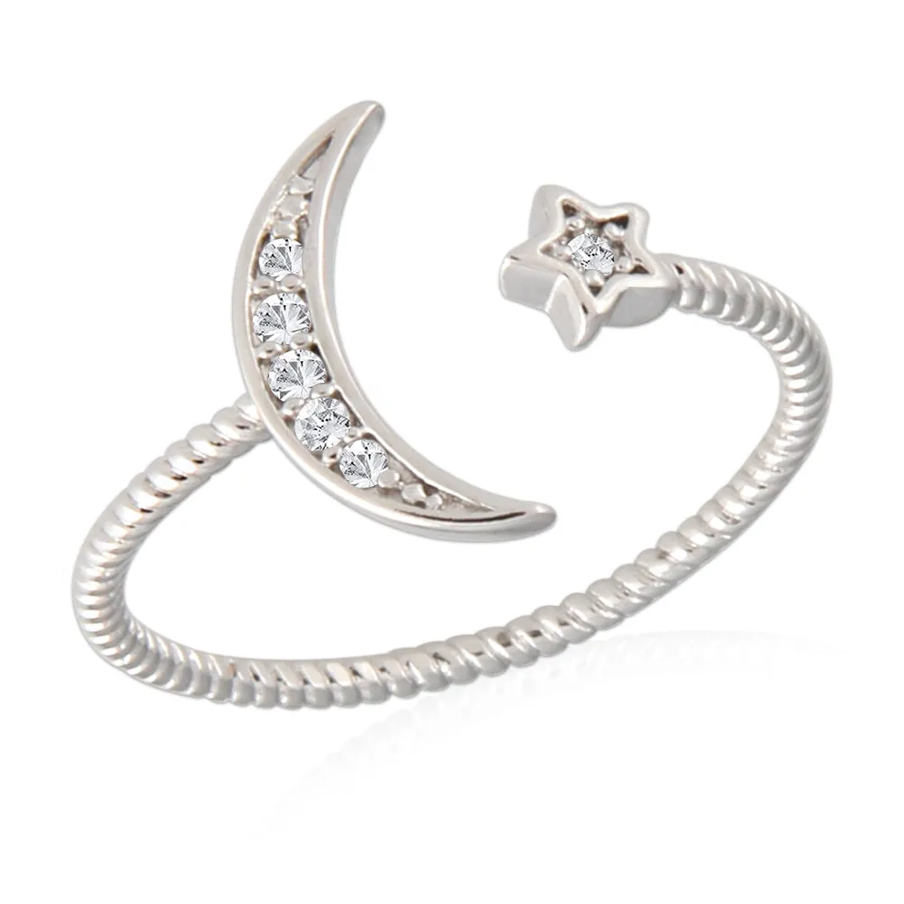 Crescent Moon and Star Twisted Roped Ring