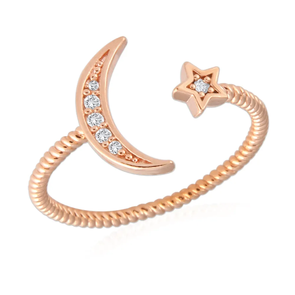 Crescent Moon and Star Twisted Roped Ring