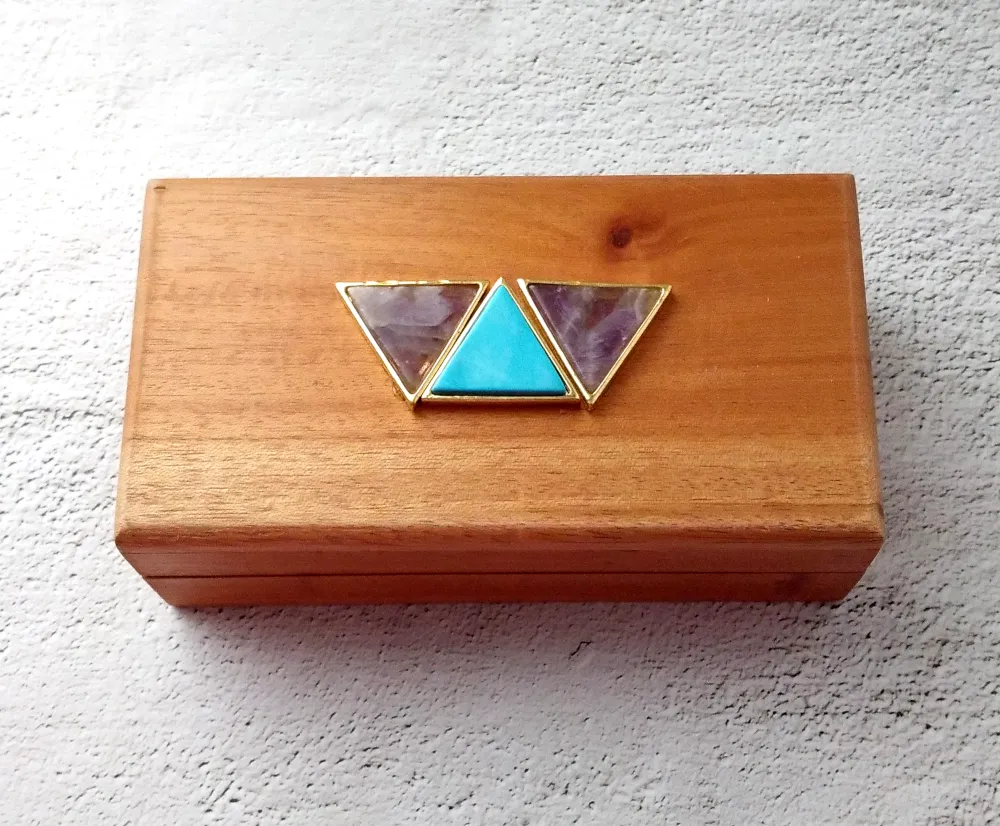 Deco Triple Triangle Amethyst and Turquoise Mahogany Box