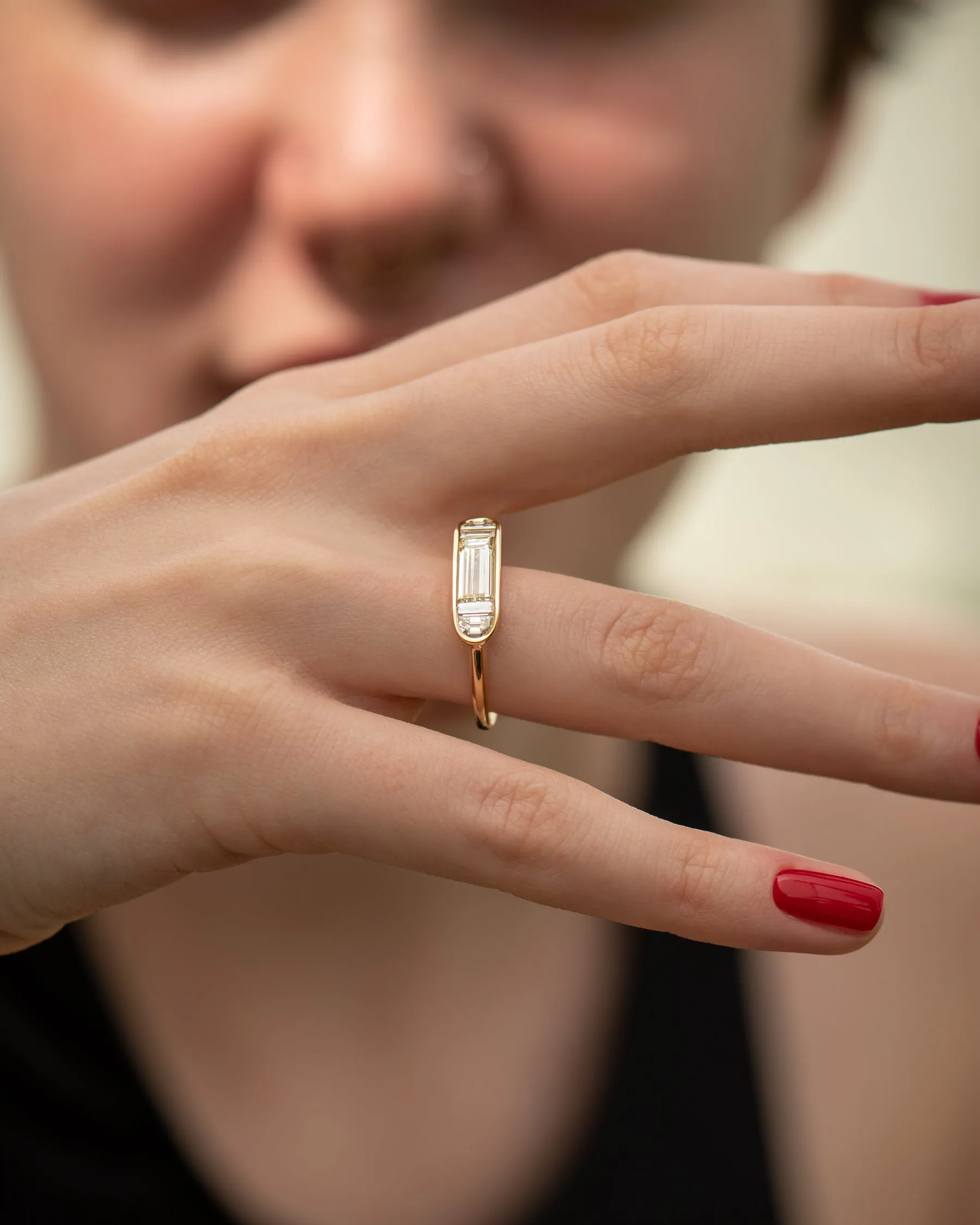 Framed Horizontal Engagement Ring with Half Moon and Baguette Diamonds