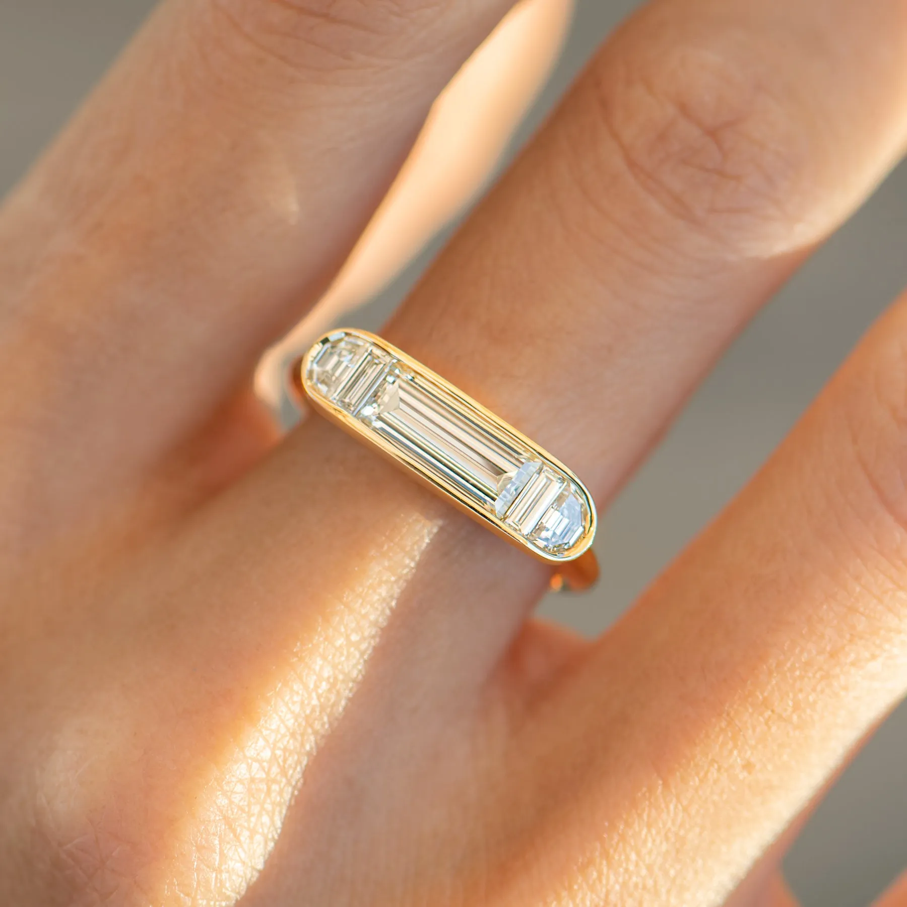 Framed Horizontal Engagement Ring with Half Moon and Baguette Diamonds