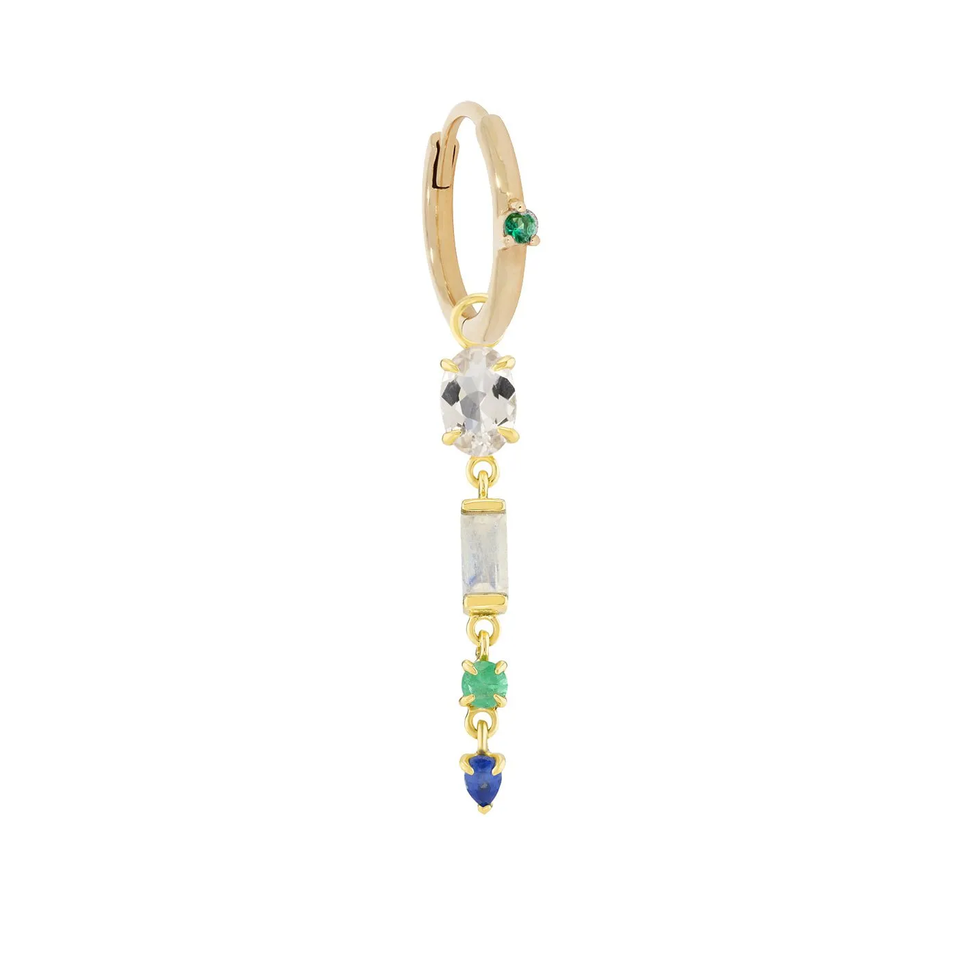 Gold & Emerald Hoop with Morganite, Moonstone, Emerald, and Blue Sapphire Drop