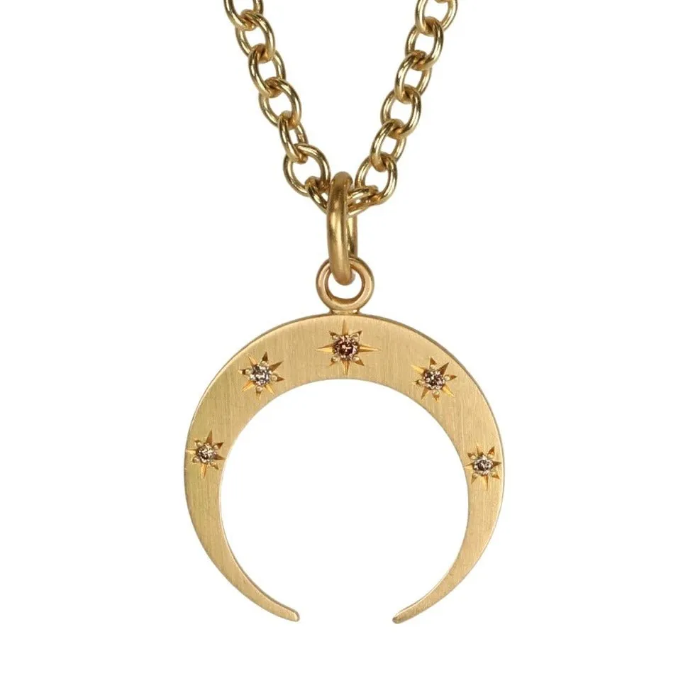 Gold Crescent Moon Pendant with Five Star-Set Cognac Diamonds