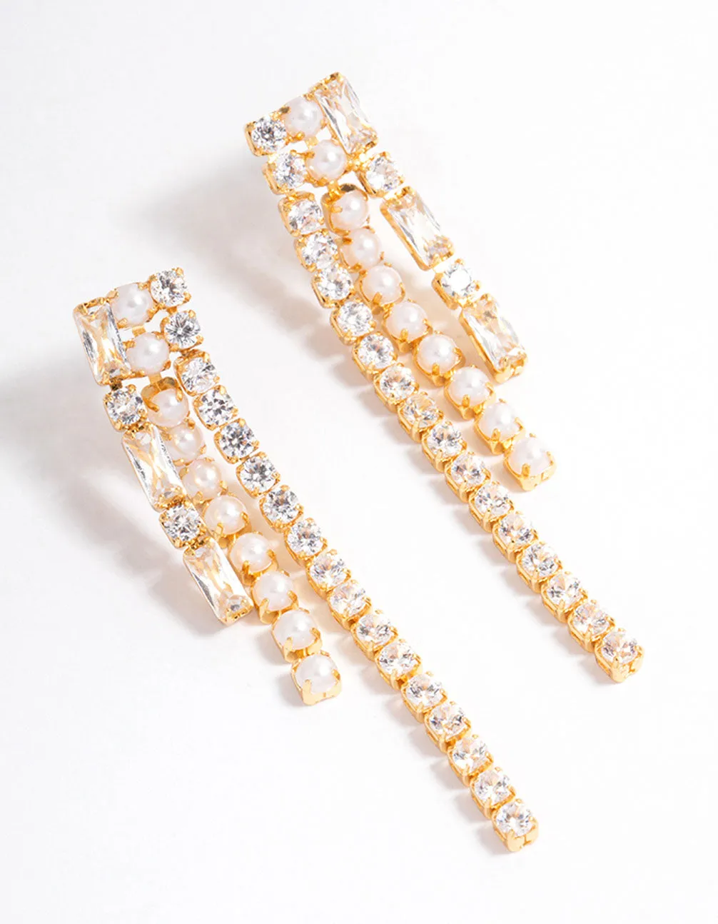 Gold Plated Cubic Zirconia Round & Baguette Pearl Drop Earrings