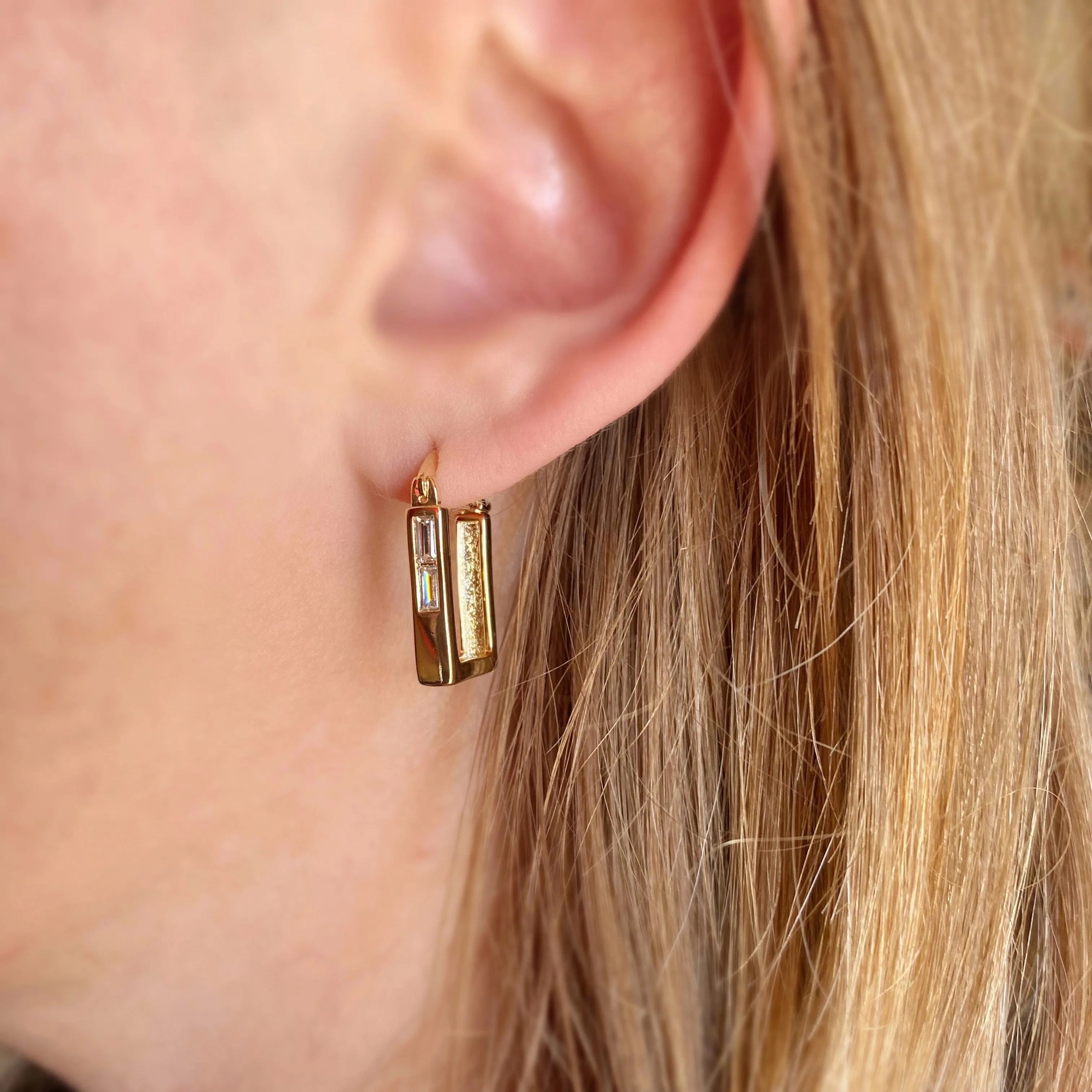 Gold Square Hoop Earrings Featuring Baguette Cubic Zirconia