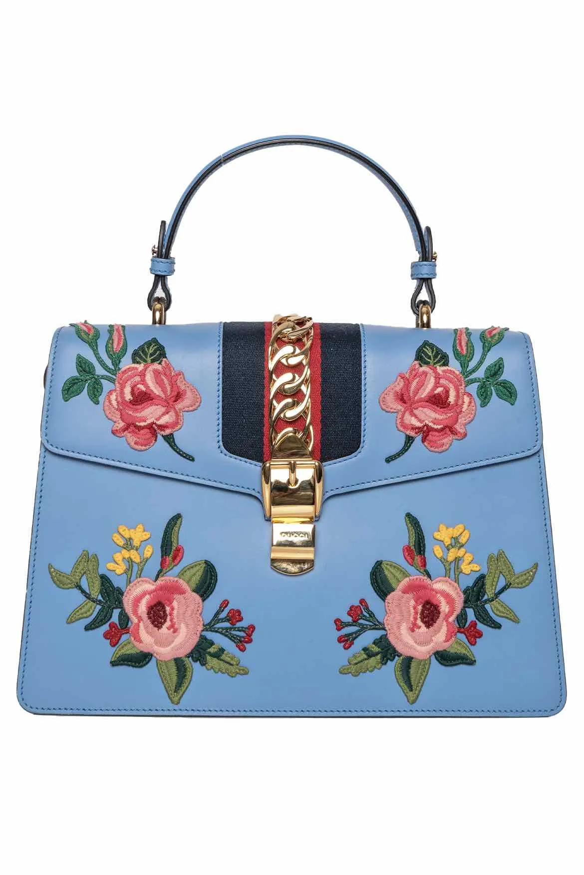 Gucci Embroidered Medium Sylvie Top Handle Shoulder Bag