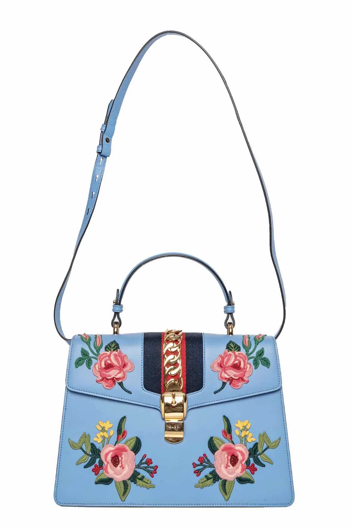 Gucci Embroidered Medium Sylvie Top Handle Shoulder Bag