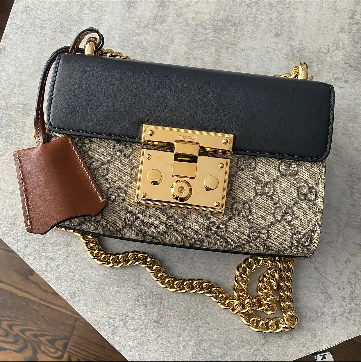 Gucci Monogram Canvas Small Padlock Chain Bag