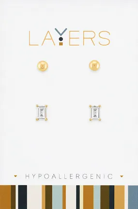 Layers Gold Baguette and Ball Duo Hypoallergenic Earrings: Stylish Comfort for Sensitive Ears