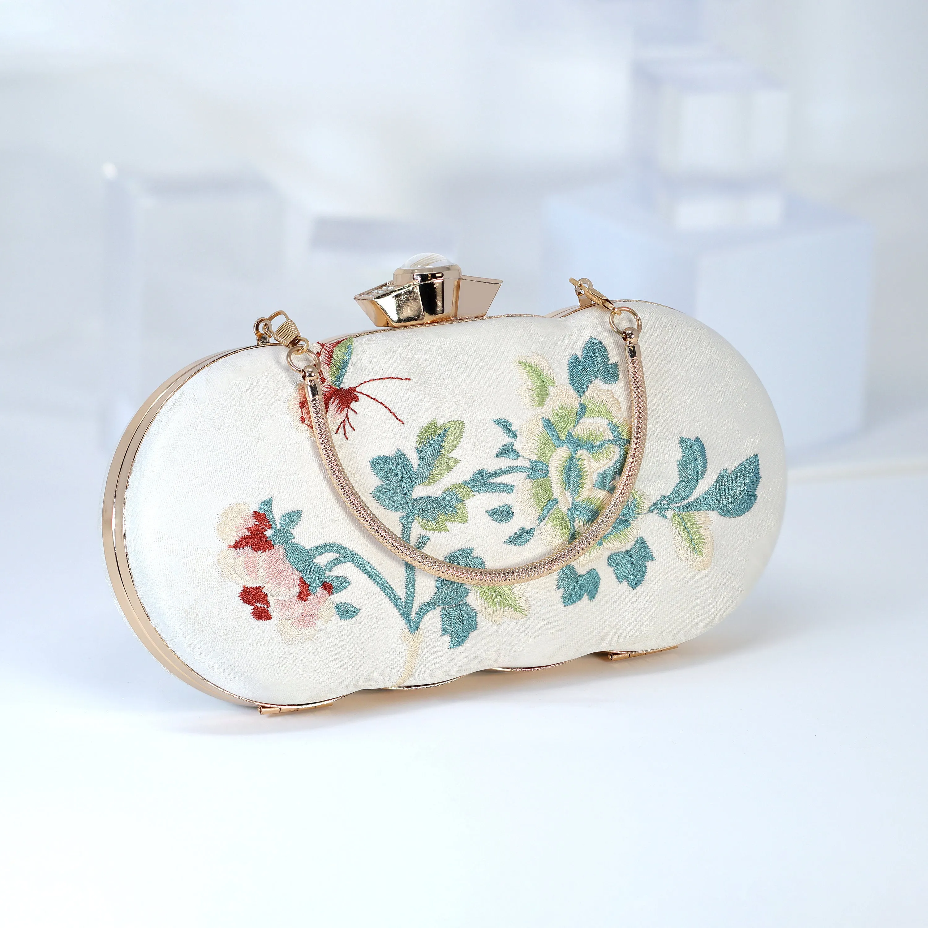 Light Beige Gold Embroidered Rose Floral Bouquet Wedding Bag, Statement Bag, Evening Clutch, Bridal Clutch, White Cross Body Bag