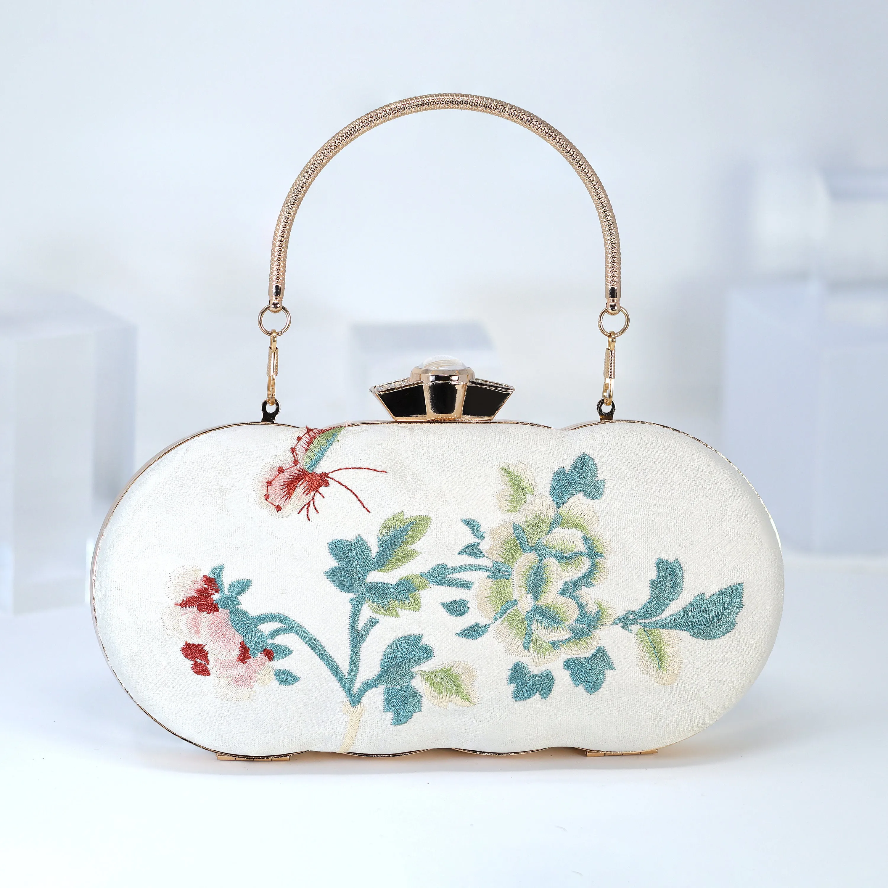 Light Beige Gold Embroidered Rose Floral Bouquet Wedding Bag, Statement Bag, Evening Clutch, Bridal Clutch, White Cross Body Bag