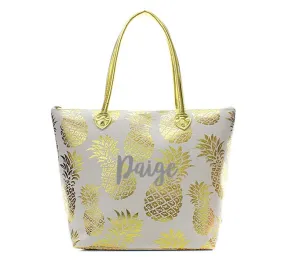 Monogrammed White and Gold metallic Pineapple tote bag GNPL909