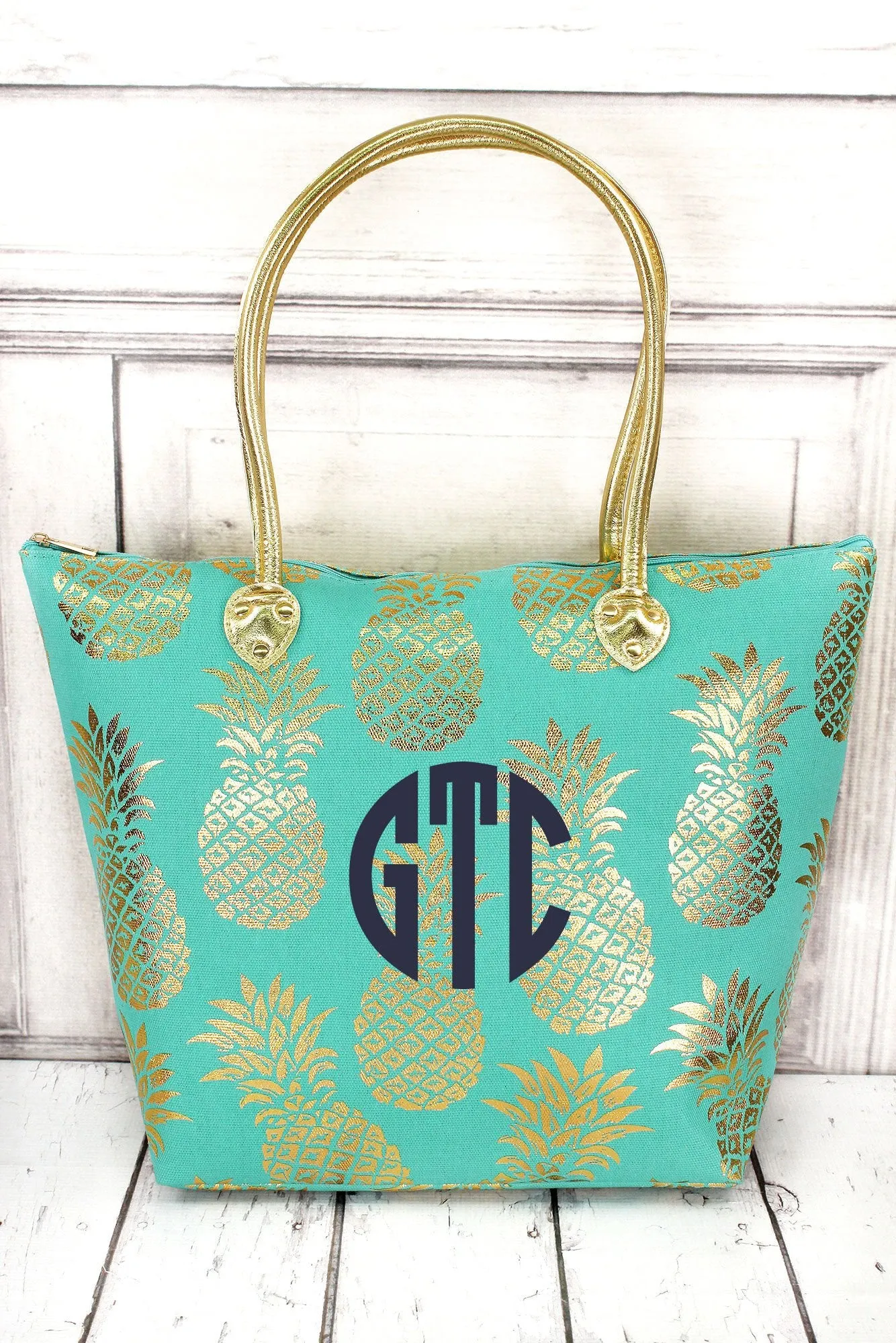 Monogrammed White and Gold metallic Pineapple tote bag GNPL909