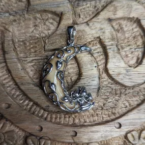 Moon & Mystic Mushroom Pendant~ Bone Carving ~ Sterling Silver ~ Silver Chain Included