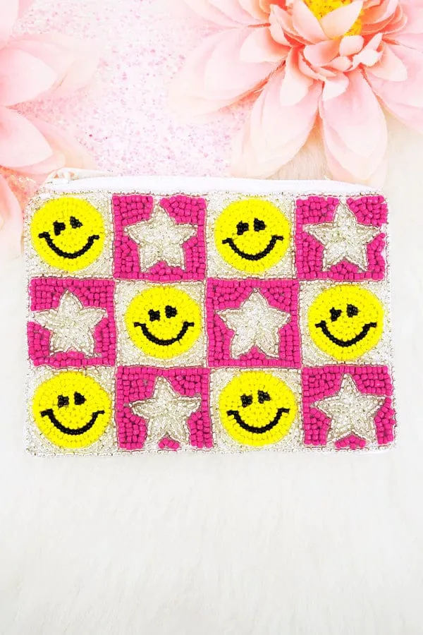 Pink star/Smiley BEADED COIN clutch PURSE