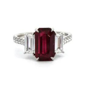 Platinum Emerald Cut Ruby and Diamond 3 Stone Ring