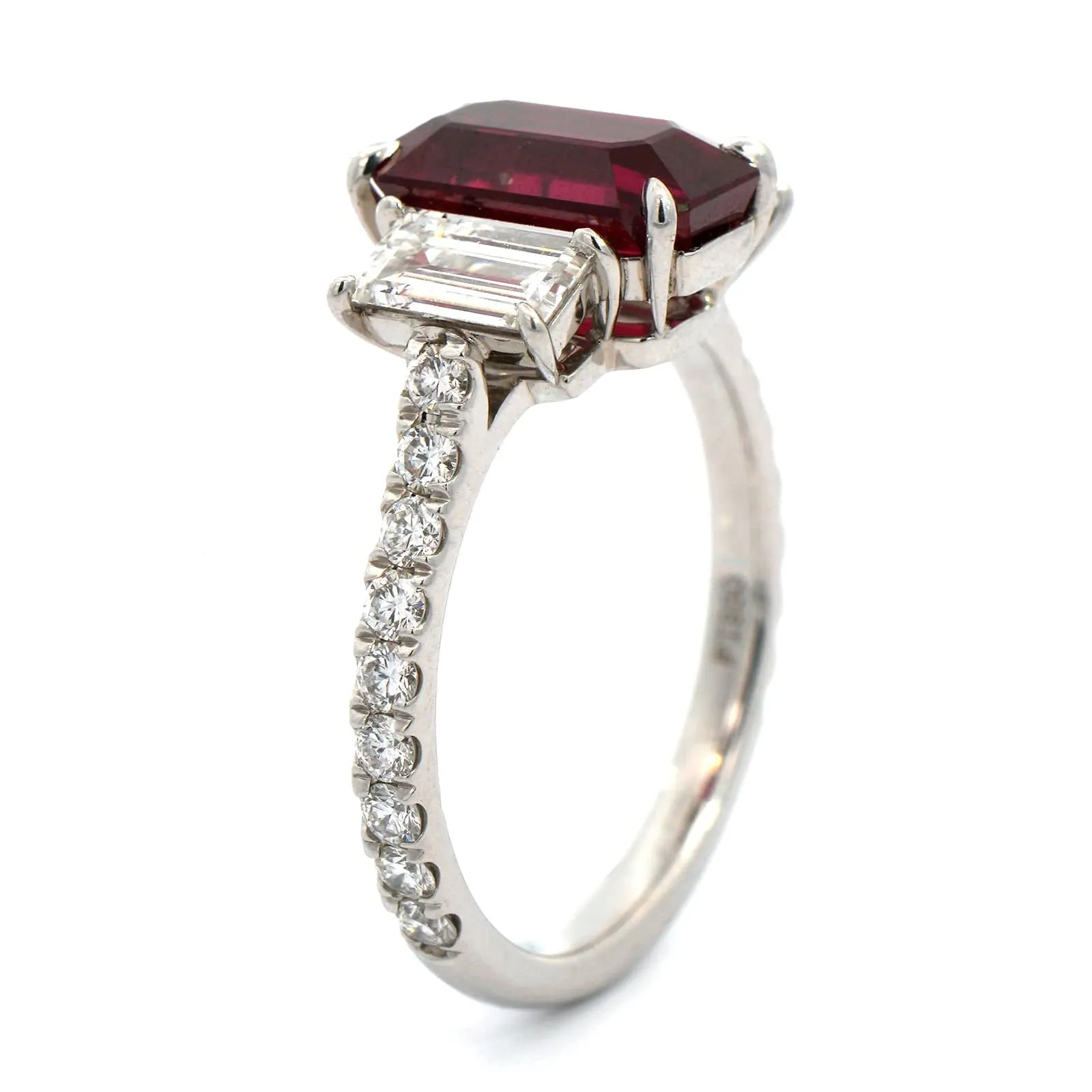 Platinum Emerald Cut Ruby and Diamond 3 Stone Ring