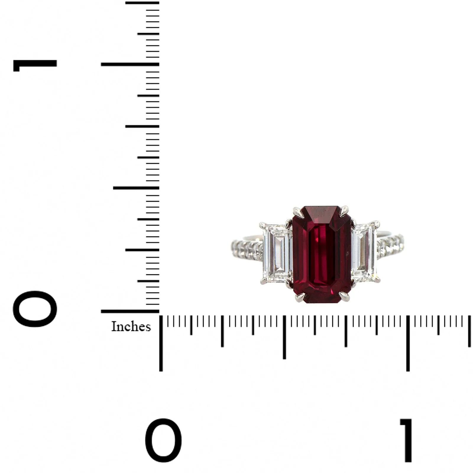 Platinum Emerald Cut Ruby and Diamond 3 Stone Ring