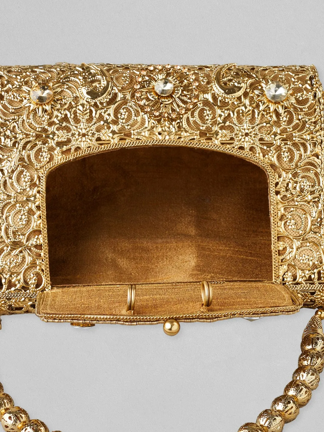 Rubans Golden Colour Sling Bag With Golden Coloured Embroidery.