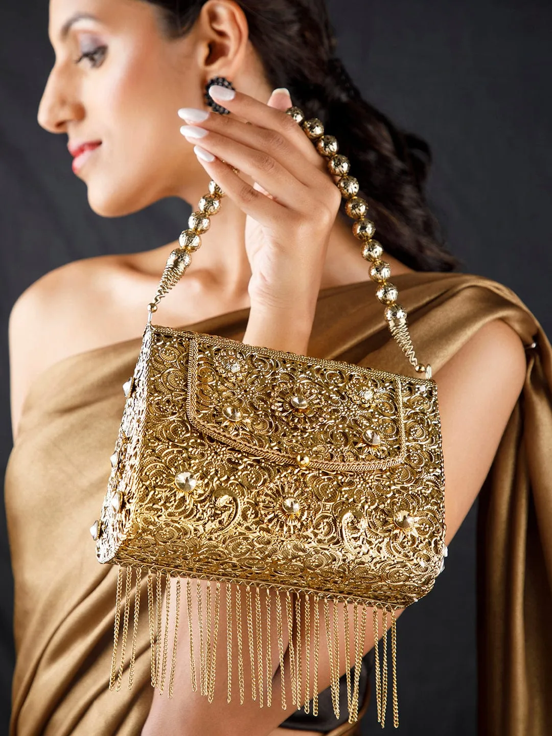 Rubans Golden Colour Sling Bag With Golden Coloured Embroidery.