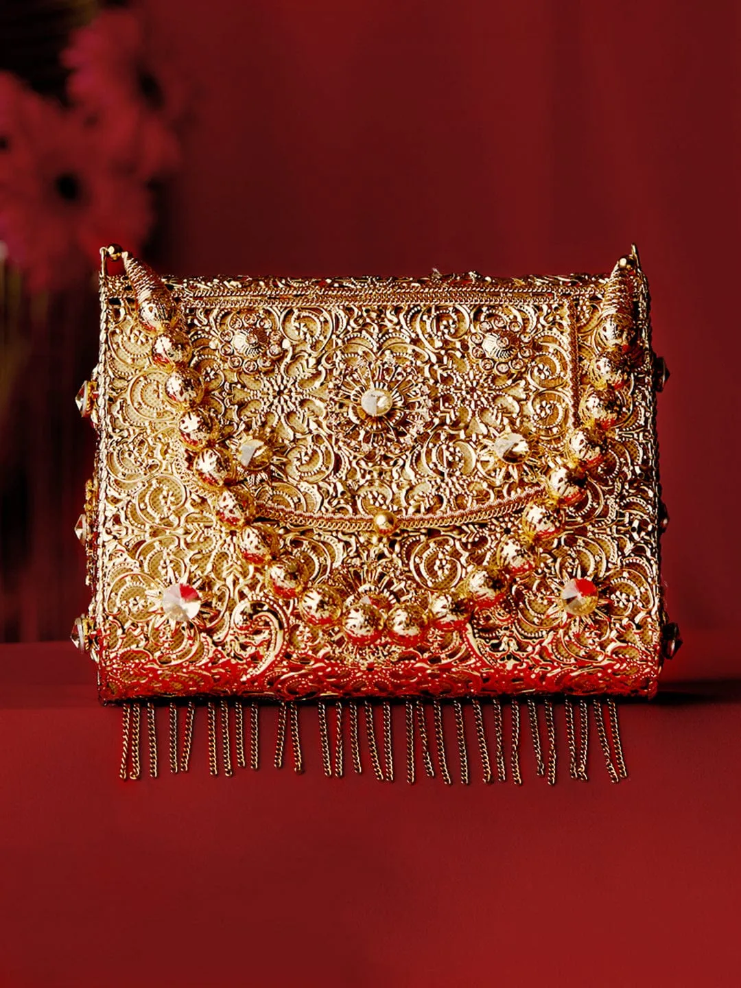 Rubans Golden Colour Sling Bag With Golden Coloured Embroidery.