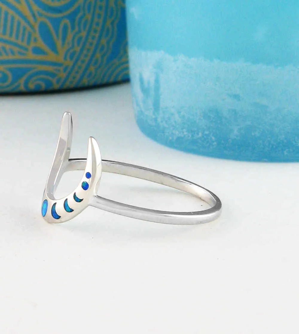 Slender Crescent Moon Ring With Lab Opal Moon Phases