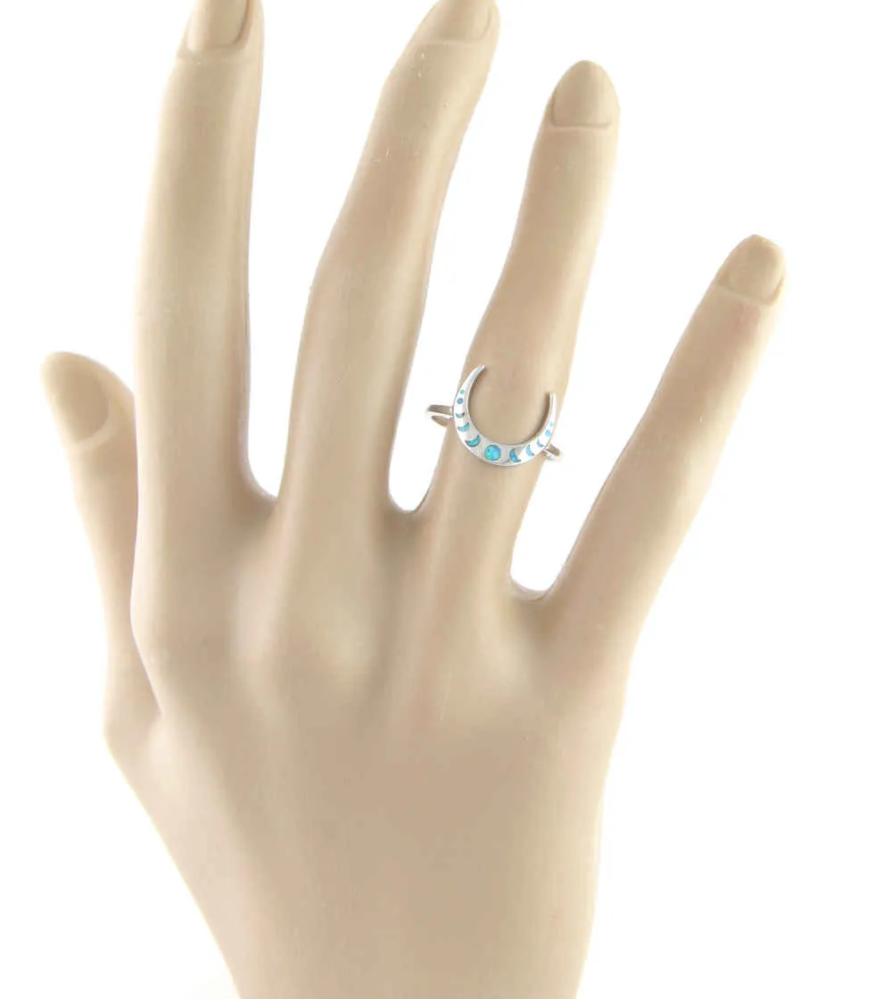 Slender Crescent Moon Ring With Lab Opal Moon Phases