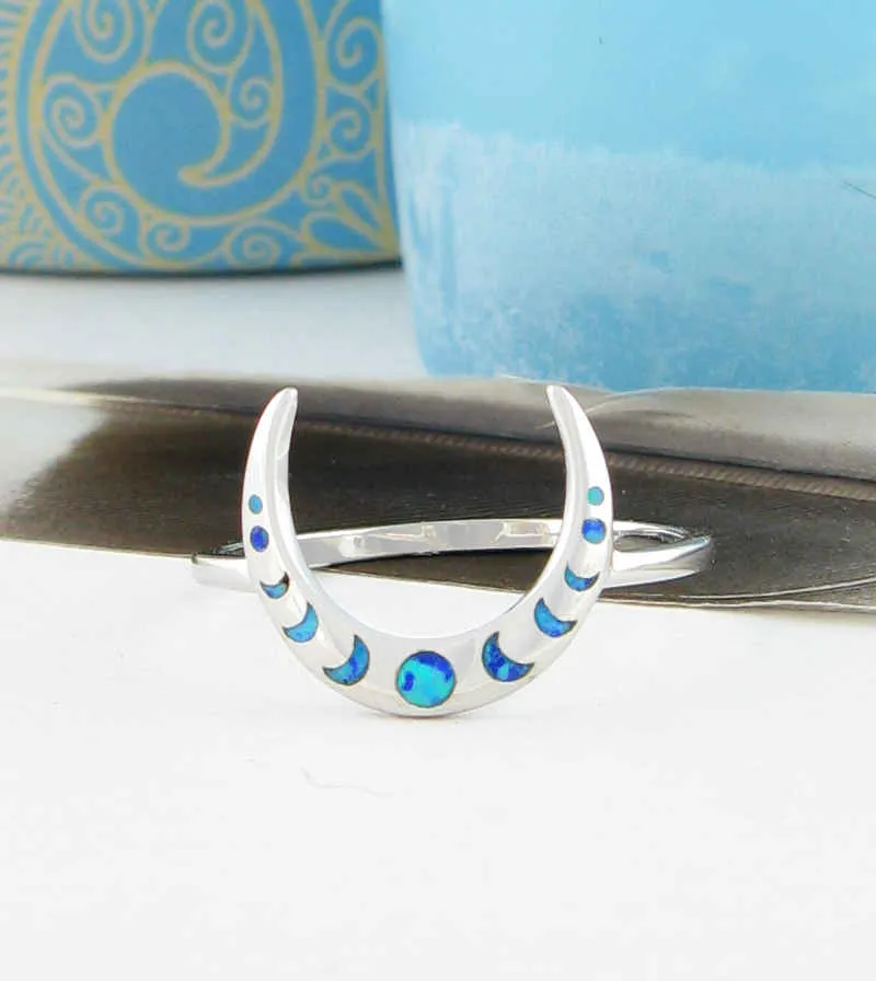 Slender Crescent Moon Ring With Lab Opal Moon Phases