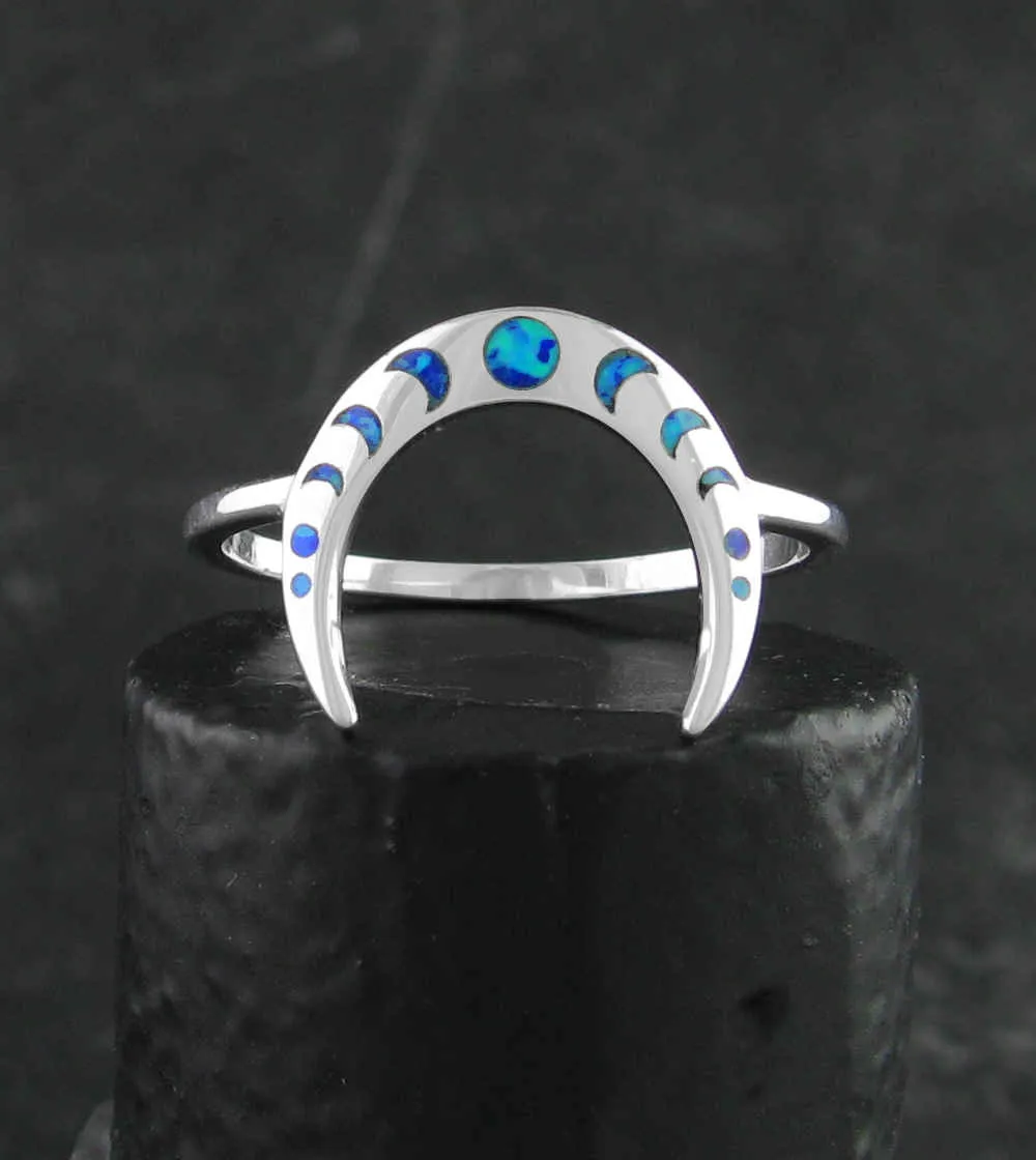 Slender Crescent Moon Ring With Lab Opal Moon Phases