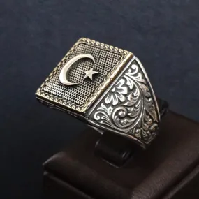 Sterling Silver Ring Crescent Star Men's Jewelry Engraved Turkish Ottoman Islamic