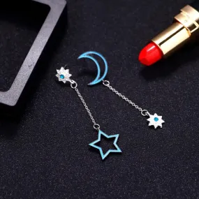 Stylish Asymmetrical Blue Moon Star Silver Drop Earrings