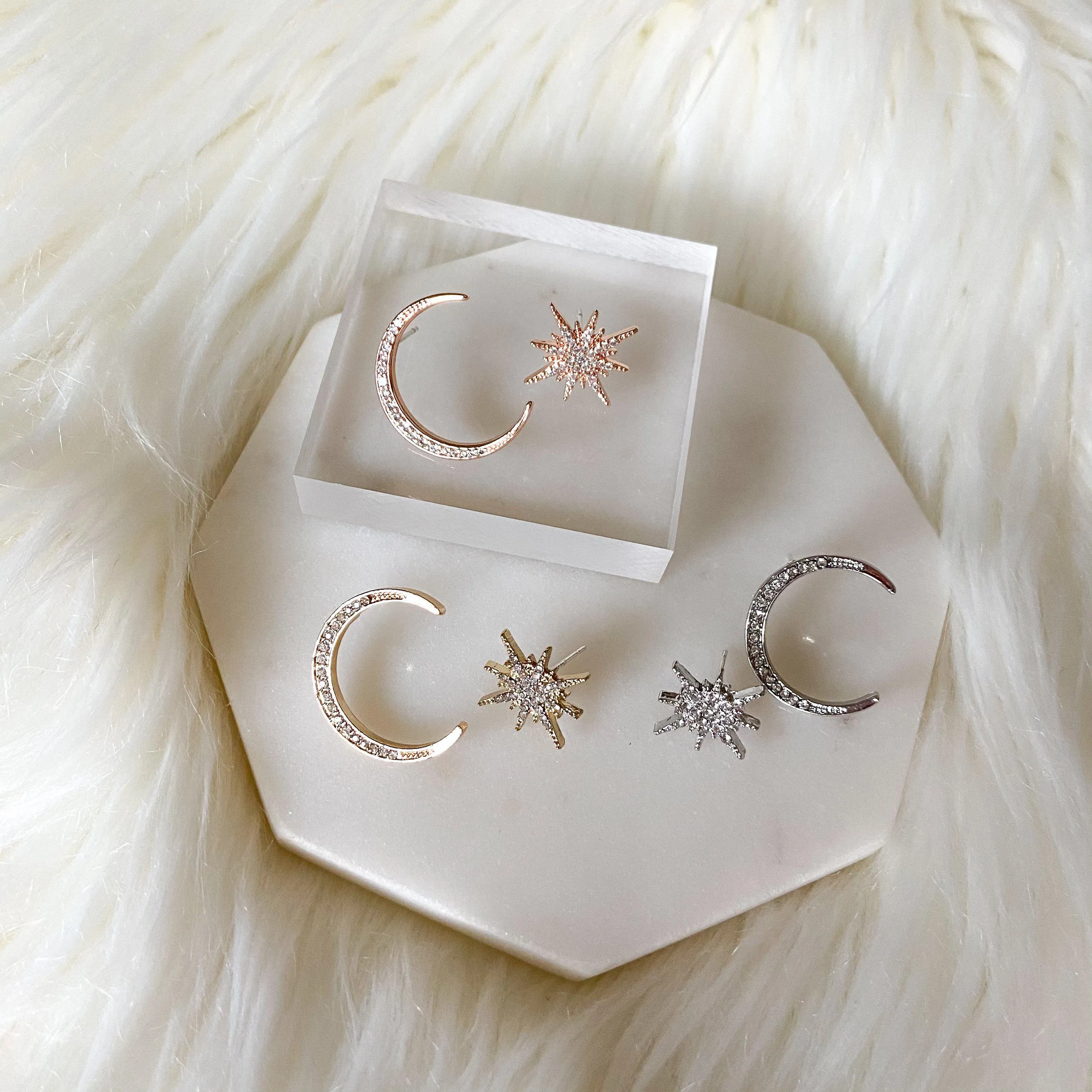 Twinkle Star & Moon Asymmetric Stud Earrings