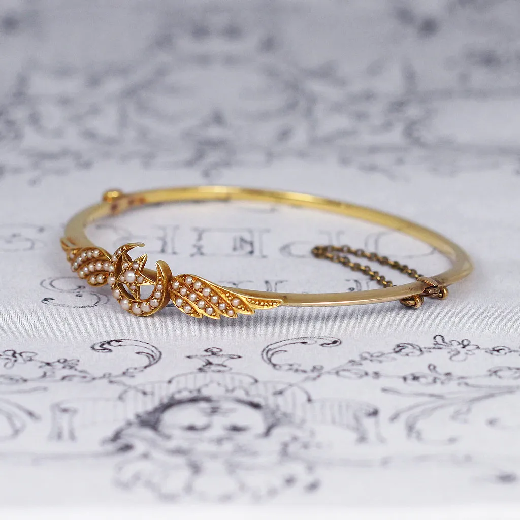 Victorian Crescent Moon, Star and Wing Pearl Bangle