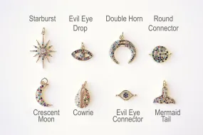 Wholesale Micro Pave CZ Charms - 16k Gold plated Brass, Gold Double Horn Evil Eye Mermaid Tail Cowrie Cowry Crescent Moon, Rainbow CZ Charms