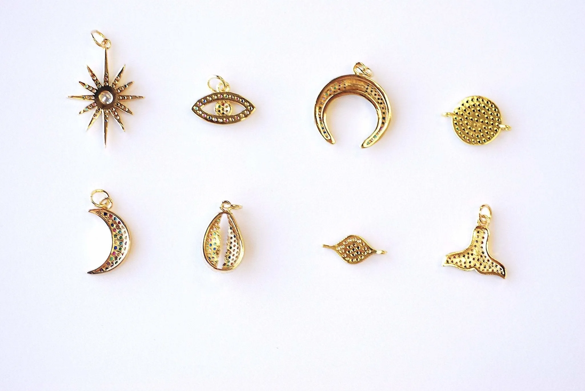 Wholesale Micro Pave CZ Charms - 16k Gold plated Brass, Gold Double Horn Evil Eye Mermaid Tail Cowrie Cowry Crescent Moon, Rainbow CZ Charms