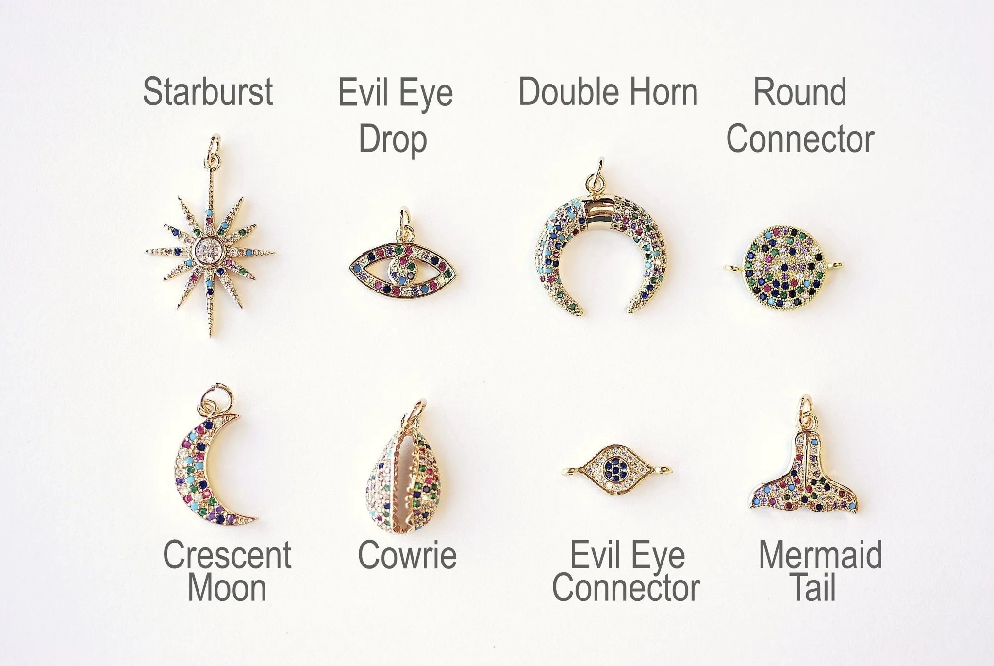 Wholesale Micro Pave CZ Charms - 16k Gold plated Brass, Gold Double Horn Evil Eye Mermaid Tail Cowrie Cowry Crescent Moon, Rainbow CZ Charms