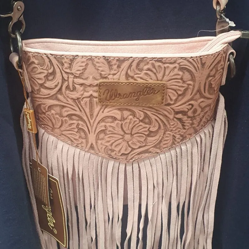 Wrangler Vintage Floral Embossed Fringe Crossbody Bag Peach